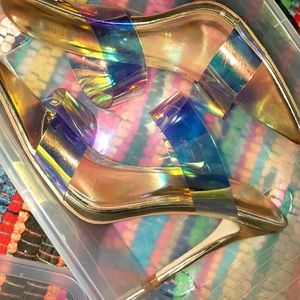 Translucent high heeled vinyl mules